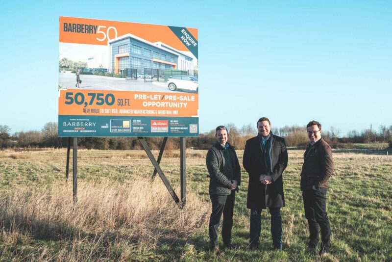 Jon Robinson (centre), development director of Barberry, is joined by Christian Smith (left), of Savills, and Colin Lawrence-Waterhouse, of Cushman & Wakefield, at the development site at Ansty, Coventry.